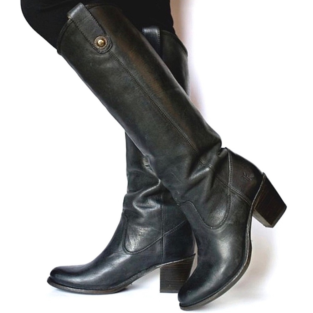 Frye Jackie Black Button Boots 9B Tall Leather Pull On Boots With 2.5" Heel